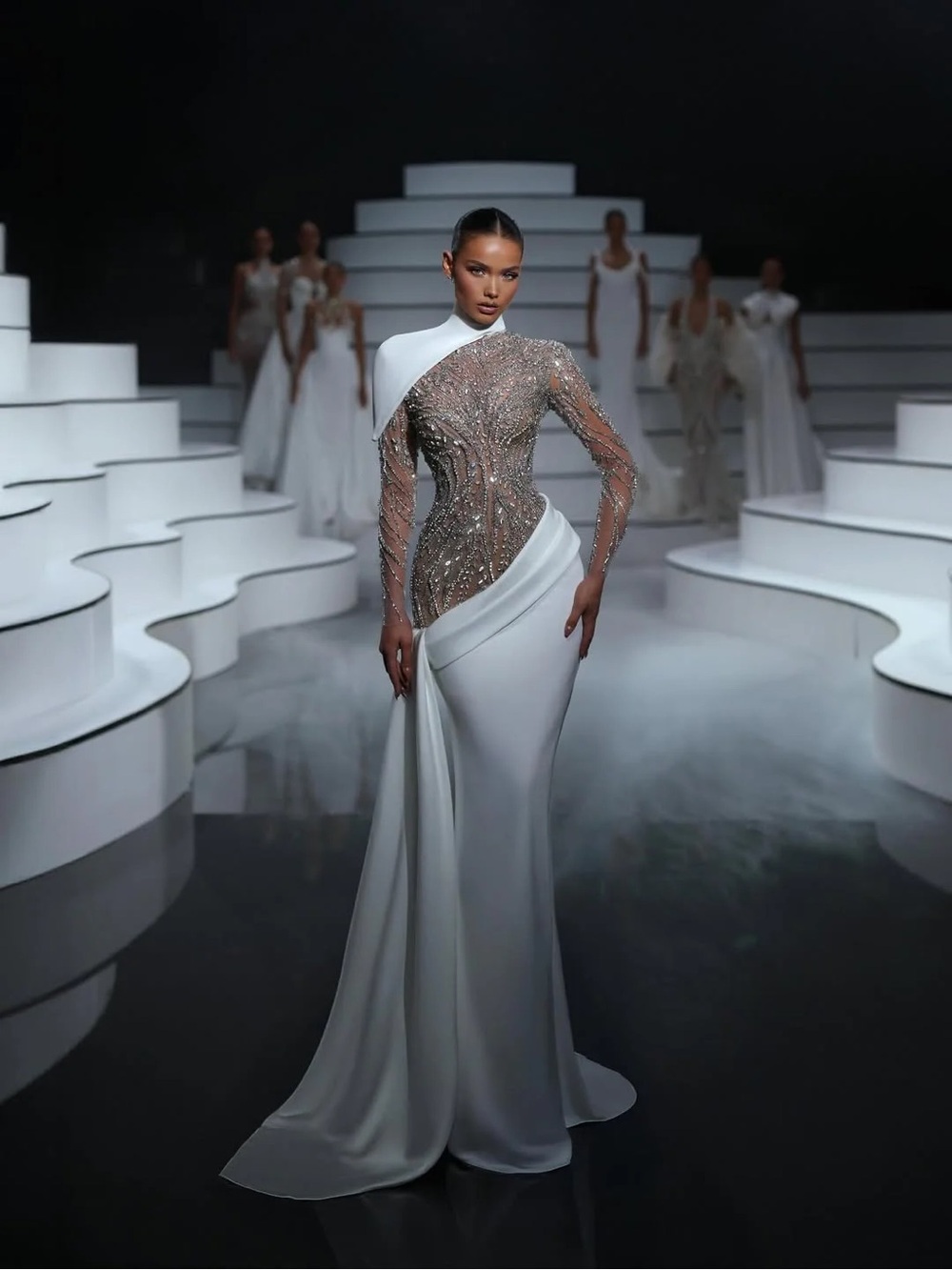 White Long-Sleeve Evening Gown with Embellished Sheer Bodice